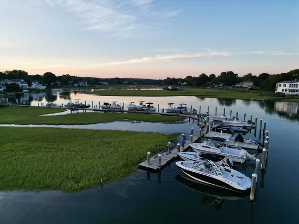 Hamn Med Båtar Och Hus Vid Kusten Solnedgången Old Saybrook — Stockfoto