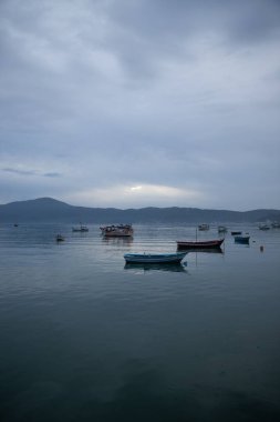 Kıyıya yakın denize demir atmış boş teknelerin dikey görüntüsü.