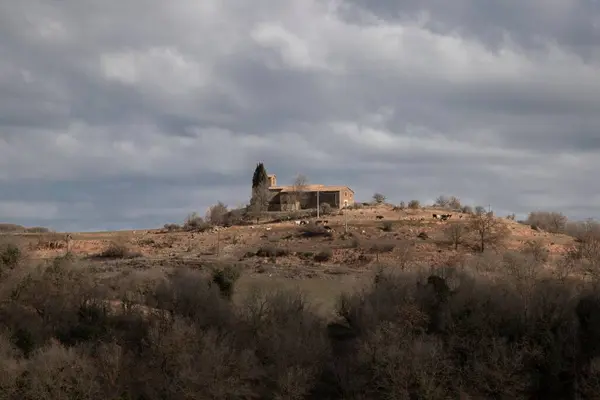 曇りの日に小さな丘の上に放棄された建物の眺め — ストック写真