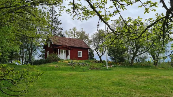 Una Hermosa Casa Madera Rodeada Árboles Smaland Suecia — Foto de Stock