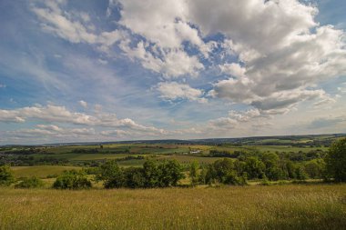 Bulutlu mavi gökyüzünün altındaki yeşil tarım arazilerindeki bir çiftliğin manzarası