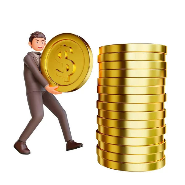 Rendering Angry Businessman Adding Another Dollar Pile Coins — Stock Photo, Image