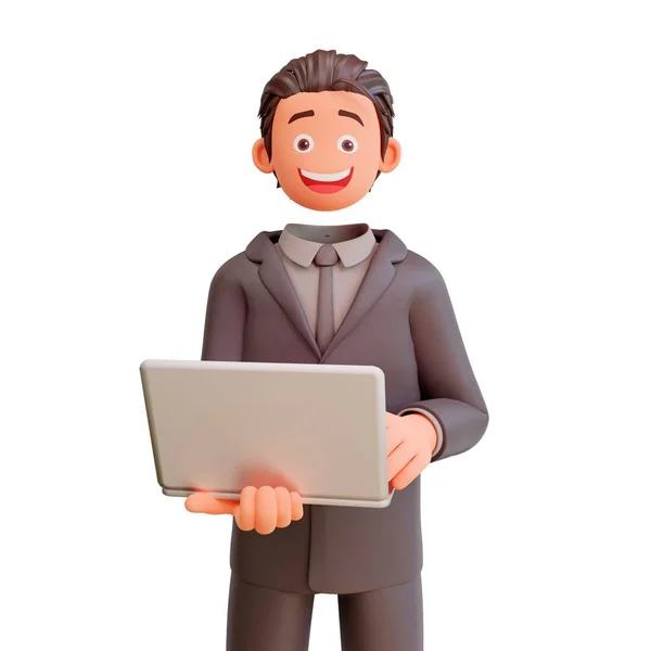 Ilustracja Biznesmena Trzymającego Laptopa Białym Tle — Zdjęcie stockowe