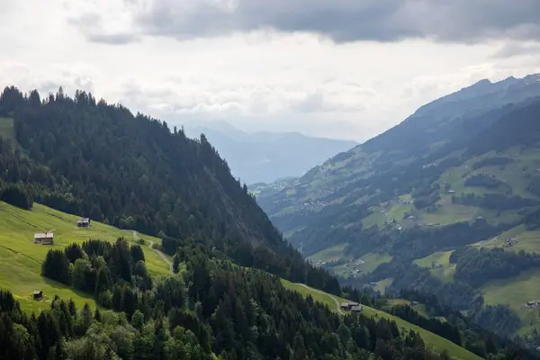 Het Landschap Uitzicht Groene Berghellingen Met Bomen Onder Bewolkte Lucht — Stockfoto