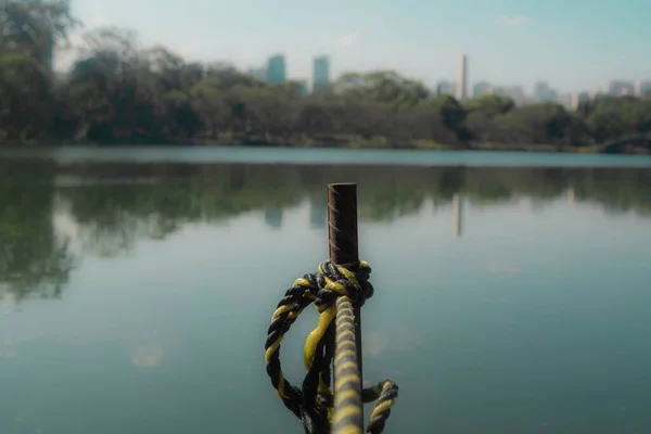 美丽的湖景 湖面平静 水面上倒映着树木 — 图库照片