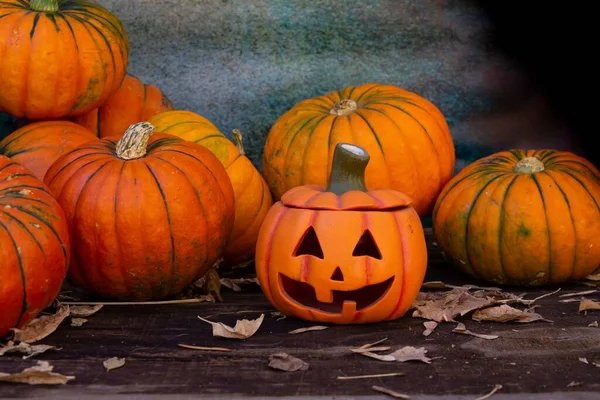 Jack Lanterna Com Abóboras Decoração Halloween Com Lugar Para Texto — Fotografia de Stock