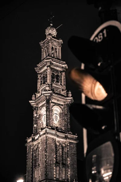 Amazing Westerkerk Church Illuminated Night Out Focus Traffic Light Foreground — Stock Photo, Image