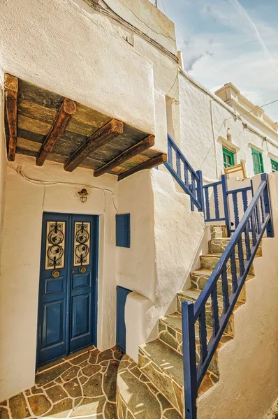 View White Building Blue Door Castro Oldest Part Chora Town — Stock Photo, Image