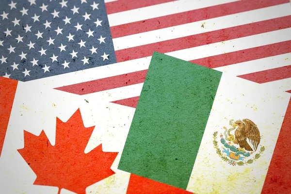 Widok Usa Kanada Meksyk Flagi Razem Brudnej Ścianie — Zdjęcie stockowe