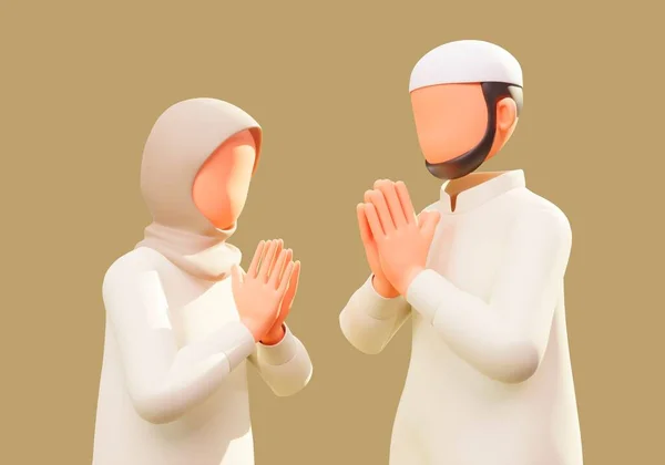 Render Woman Hijab Her Husband Folded Hands Prayer Beige Background — Stock Photo, Image