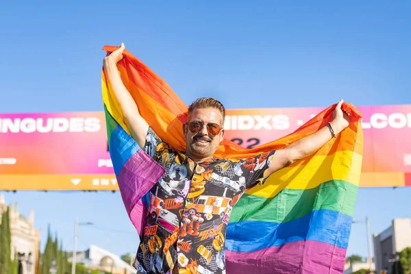 Happy Smiling Man Gay Pride Day Barcelona Pride Flag — Stock Photo, Image