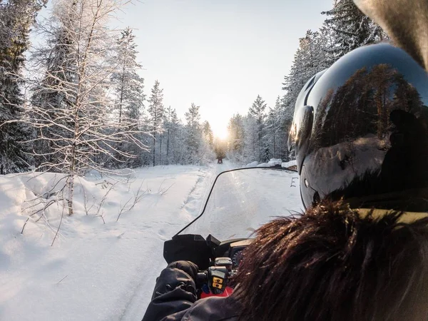 Man Enjoying Winter Nature Driving Snowscooter Finland Lapland — Stock Photo, Image