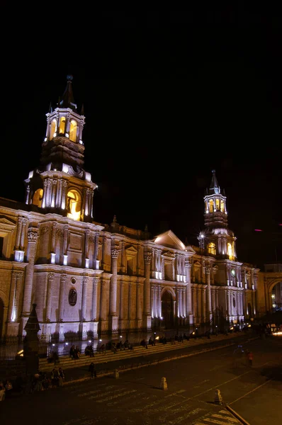 Plano Vertical Catedral Iluminada Arequipa Noche Perú —  Fotos de Stock