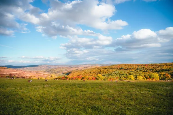 Paisaje Campos Hierba Bosques Coloridos Las Colinas Transilvania Rumania Día — Foto de Stock