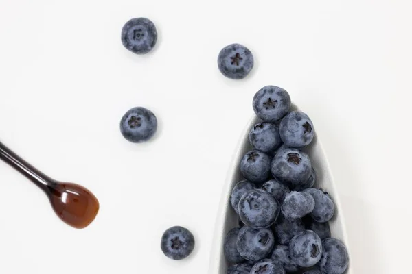 Fresh Organic Blueberries Ceramic Bowl Wooden Spoon — Stock Photo, Image