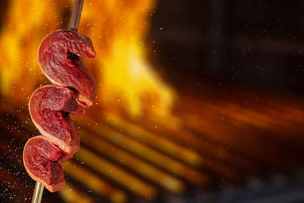 Raw Picanha Skewer Traditional Brazilian Beef Cut Fire Background — Stock Photo, Image