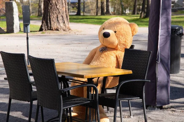 Adorable Toy Teddy Bear Sitting Alone Chair Next Table Outdoor — Stock Photo, Image