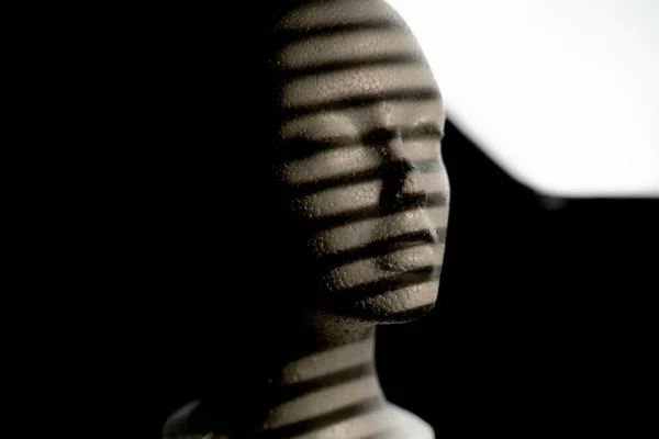 A closeup shot of a bust sculpture under artistic lights against a dark background