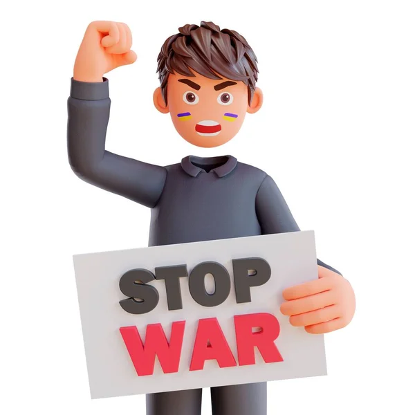 Трехмерное Изображение Молодого Человека Плакатом Stop War Кулаком Белом Фоне — стоковое фото