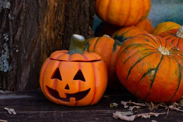 Jack Lantaarn Met Pompoenen Halloween Decoratie Met Plaats Voor Tekst Stockfoto