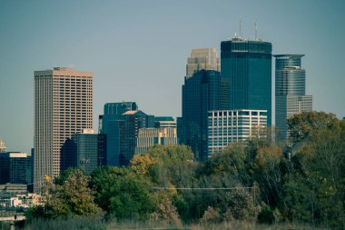 Şehrin önündeki ağaçlar mavi gökyüzünün altındaki binalar.