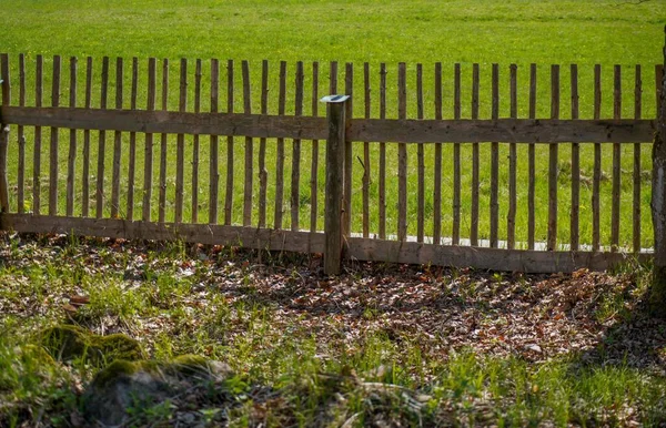 日光の下で緑の芝生に対する木製の柵の景色 — ストック写真