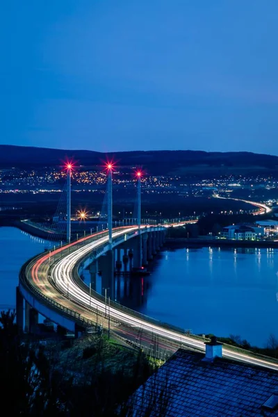 Vue Aérienne Des Sentiers Feux Circulation Dessus Pont Kessock Inverness — Photo