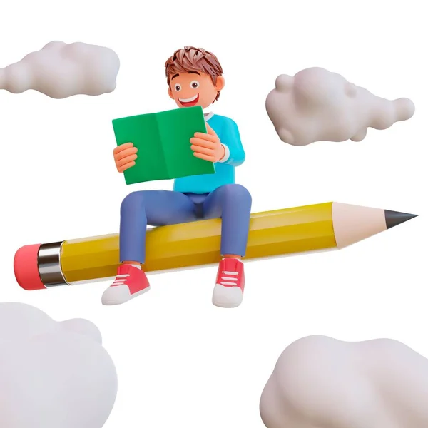 背景に雲のある鉛筆の椅子に座っている少年の3Dイラスト — ストック写真