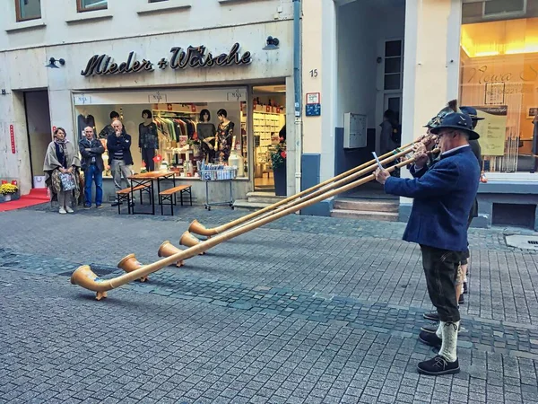 Una Banda Música Tocando Alphorn Calle Heidelberg Alemania —  Fotos de Stock