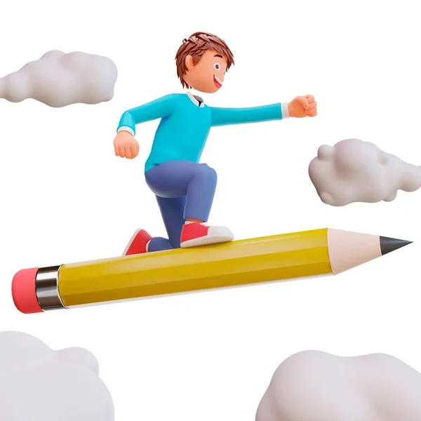 Uma Ilustração Menino Sobre Lápis Gigante Com Nuvens Fundo — Fotografia de Stock