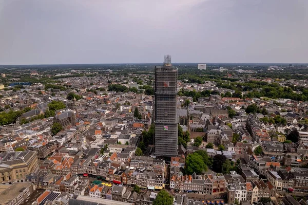 Medieval Centro Ciudad Holandesa Utrecht Aérea Con Catedral Iglesia Andamios — Foto de Stock