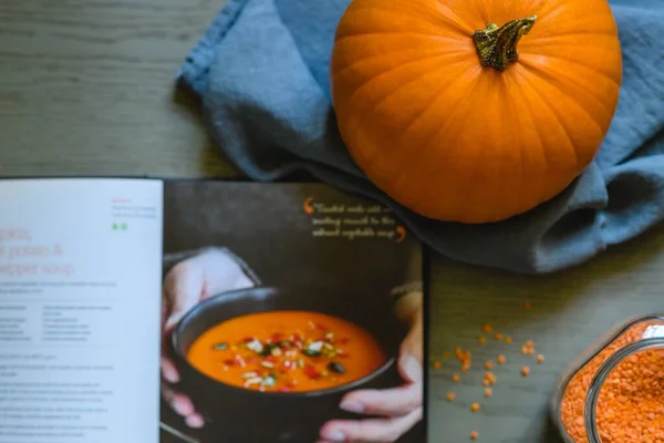 Top View Pumpkin Open Recipe Book Pumpkin Soup — Stock Photo, Image