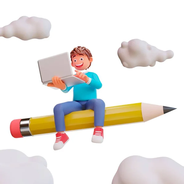 背景に雲のある鉛筆の椅子に座っている男の子の3Dイラスト — ストック写真