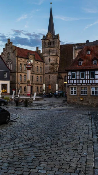 Cobblestone Street Leading Church Houses German Town — Stock Photo, Image