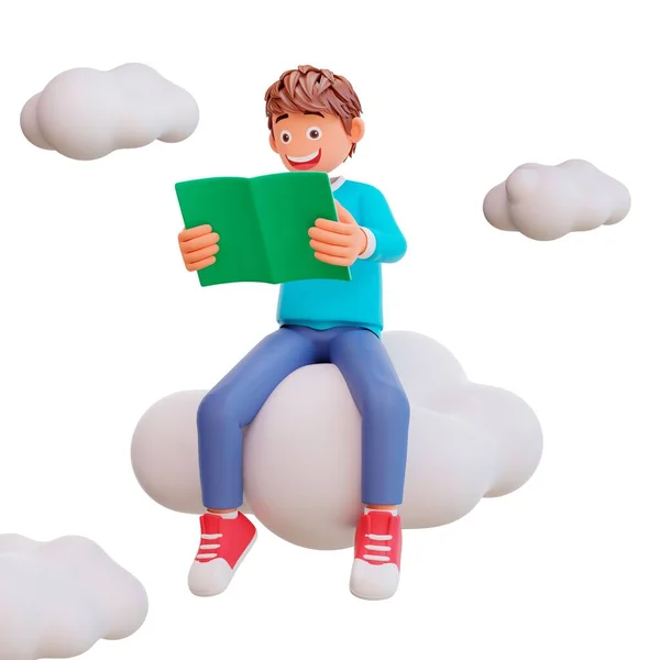 雲の上に座って本を読んでいる少年の3Dイラスト — ストック写真