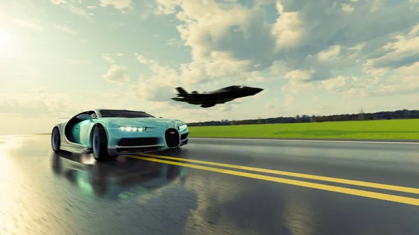 Önünde Uçak Olan Bir Bugatti Arabası Yolda Gidiyor — Stok fotoğraf