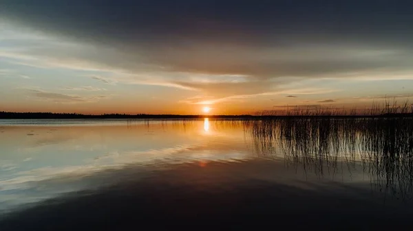Sonnenuntergang Spiegelt Sich Wasser Mit Schilf Und Dem Horizont Der — Stockfoto