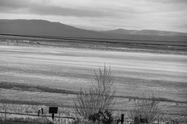 Dağlara karşı kurumuş çimen ve çalılardan oluşan gri bir tarla.