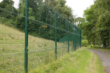 Parkta yeşil çitlerle çevrili bir alana yakın çekim.