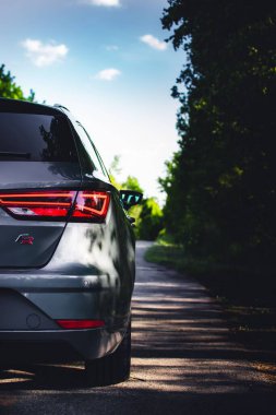Polonya 'da bir yolda giden bir arabanın dikey arka görüntüsü