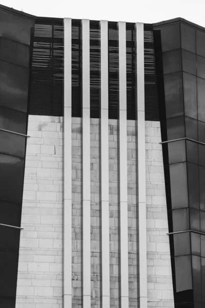 Vertical Closeup Modern Building Cloudy Sky Shot Grayscale — Stock Photo, Image