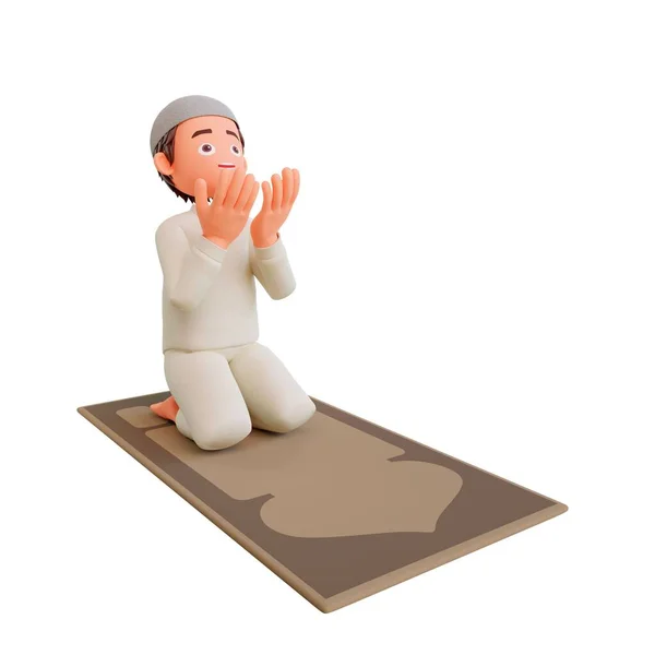 一个穆斯林男孩在地毯上祈祷 在白色背景下孤立地抬头看的3D渲染 — 图库照片