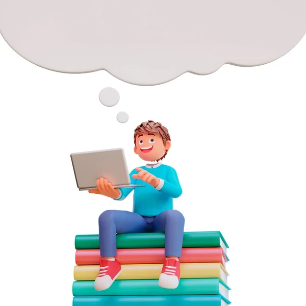 Illustration Boy Thinking While Holding Laptop Sitting Pile Books — Stock Photo, Image