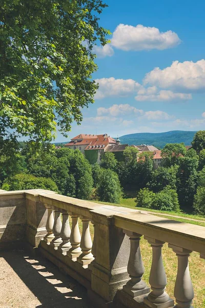 Eine Vertikale Aufnahme Eines Baumes Und Betongeländer Mit Einem Herrenhaus — Stockfoto