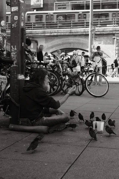 ドイツのベルリンのアレクサンドルプラッツで鳥に餌をやる老人の垂直ショット — ストック写真