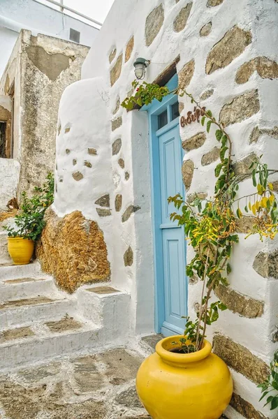 Eine Vertikale Aufnahme Eines Traditionellen Hauses Mit Einem Gelben Blumentopf — Stockfoto