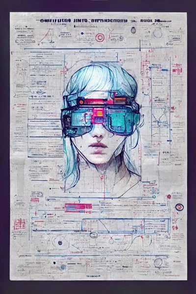 Une Illustration Verticale Dessin Technique Cyberpunk Lunettes Réalité Augmentée — Photo