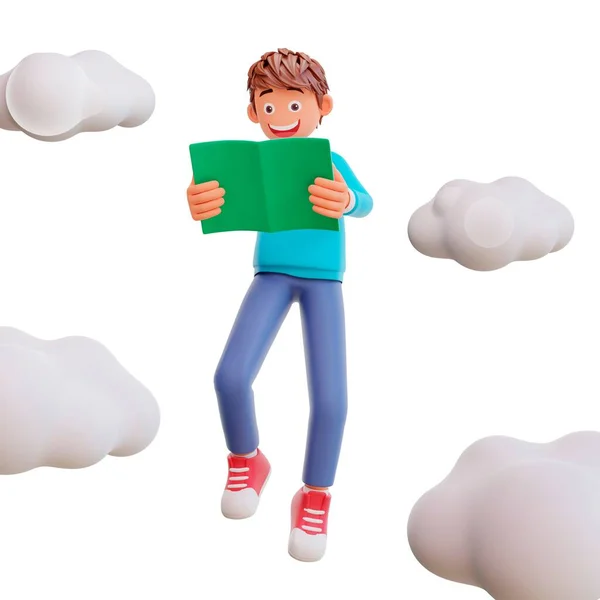 本を読んで雲を背景に歩く少年の3Dイラスト — ストック写真