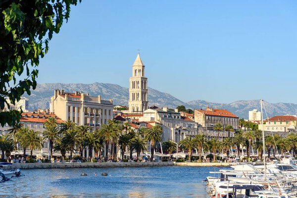 The waterfront cityscape of the Split under the blue sky on a sunny day