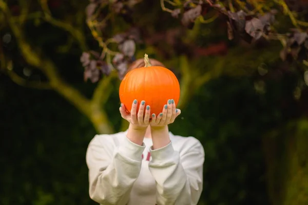 Female Sweater Holding Autumn Orange Pumpkin Front Her Face — Stock Photo, Image